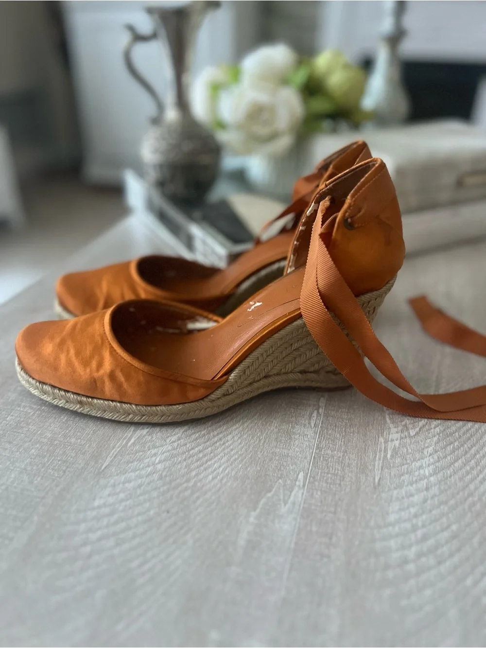 Nine West Orange Satin Espadrille Wedge Sandals with Ankle Wrap